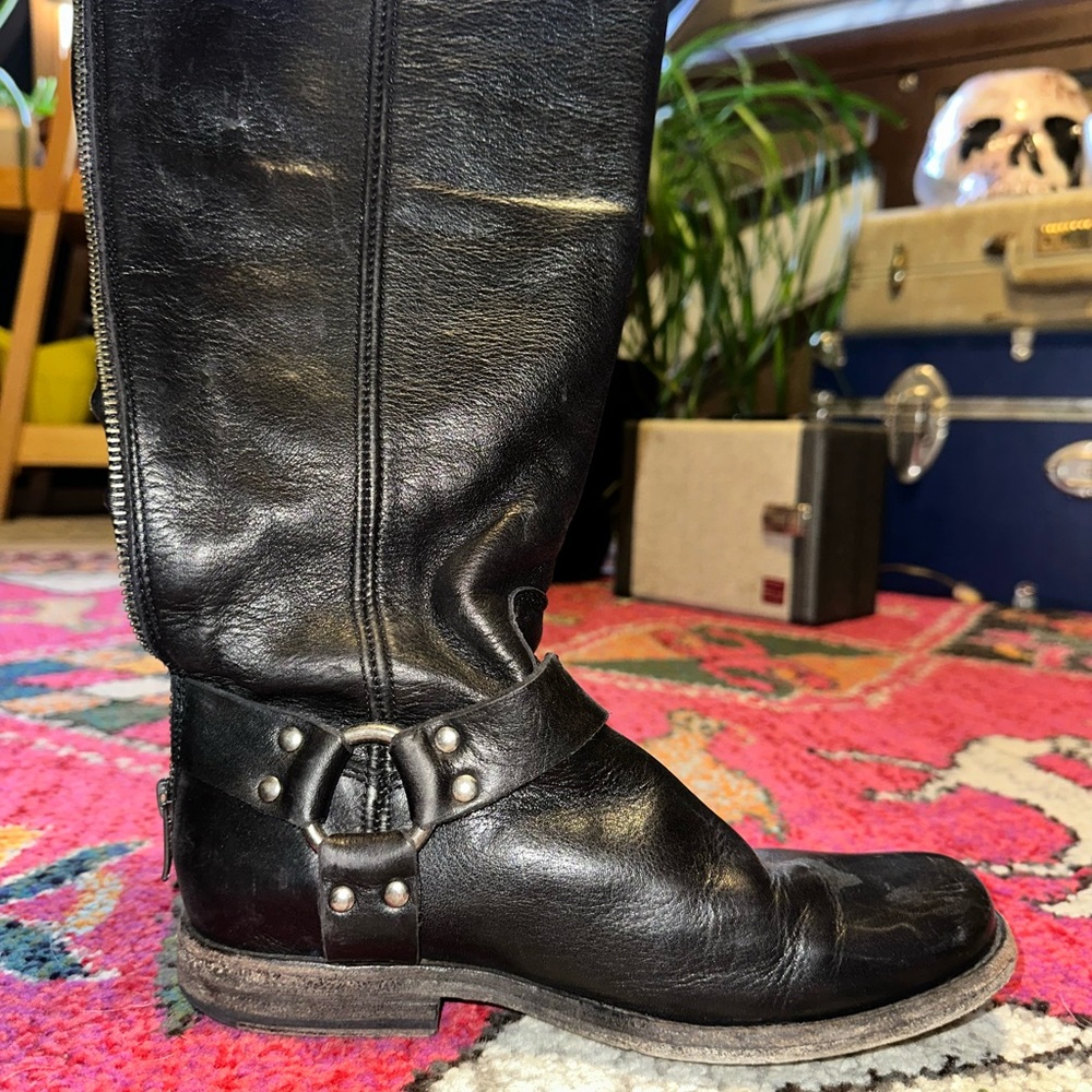 Frye Black Leather Mid-Calf Buckle Boots - Picture 3 of 7
